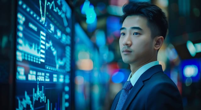 Asian business young man in suit looking at stock and trading graphs. Concept of technology and financial market.