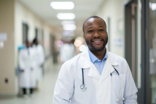 Black smiling doctor in a hospital hallway against the background of other blurred doctors.