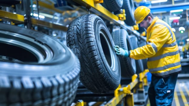 A man is inspecting a line of tires. The tires are black and are being made in a factory.