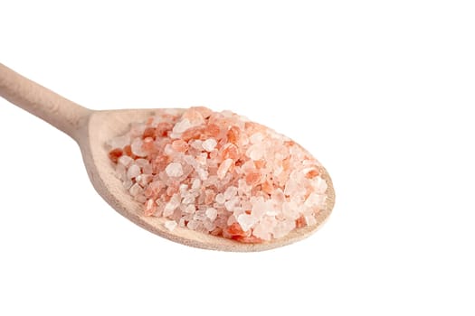 Pink Himalayan salt in wooden spoon isolated on white background.