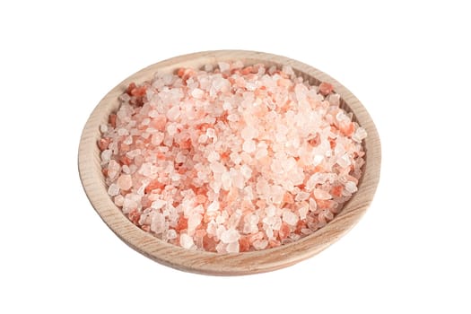 Pink Himalayan salt in wooden bowl isolated on white background. Top view