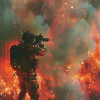 War in battlefield. Digital Art Illustration Painting .a soldier takes a picture by a burning moscow. High quality photo