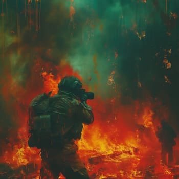 War in battlefield. Digital Art Illustration Painting .a soldier takes a picture by a burning moscow. High quality photo