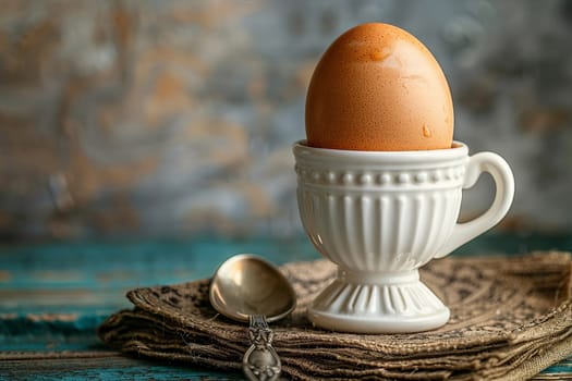 Close-up of a boiled egg in an egg cup for breakfast on a wooden surface, rustic. AI generated.