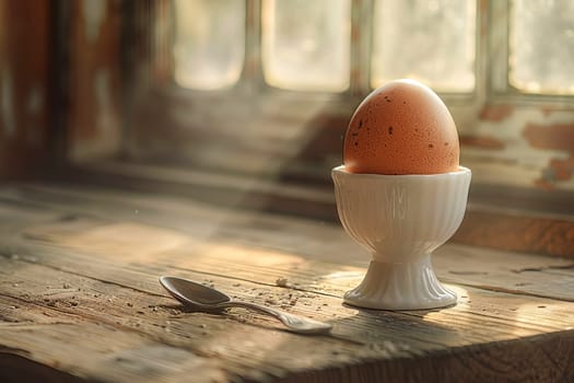 Close-up of a boiled egg in an egg cup for breakfast on a wooden surface, rustic. AI generated.
