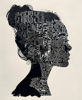 A stunning black and white silhouette of a womans head created using words like Cap, Gesture, Headgear, Art, Font, Painting, Hat, Drawing, Fashion accessory, and Illustration