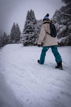 Winter sport activity, Woman hiker hiking with backpack on snow trail forest in Pyrenees, France, High quality photo