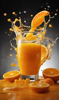 Orange juice and slices of ripe orange, a splash of juice