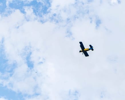 Shot of an old biplane and some birds in the sky