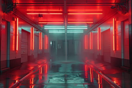 Large Sci Fi Futuristic Elegant Modern Warehouse Red Laser Beams Pillars Lights Glowing Windows concrete Grunge Tunnel Corridor Alien Spaceship 3D Rendering Illustration. High quality photo
