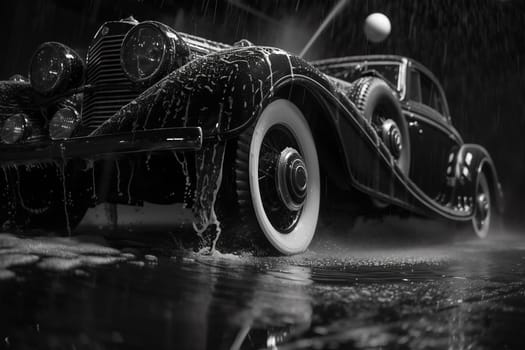 silhouette of black vintage sports car with headlights on black background, photorealistic 3d render, generic design, non-branded