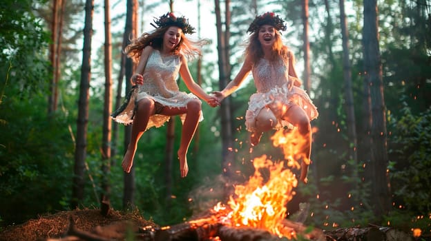 Ivan Kupala holiday girl jumps over the fire. selective focus. people.