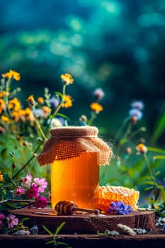 honey in a jar in the garden. selective focus. nature.