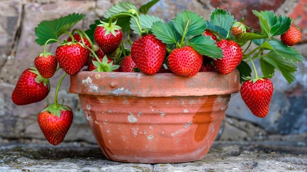 strawberries in a flowerpot on the window. selective focus. food.