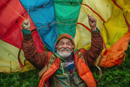an older person is lying in the grass, holding an acrobatic parachute, in the style of joyful and optimistic, solarizing master, chalky, american, bold color blocks, candid shots, colorful turbulence.