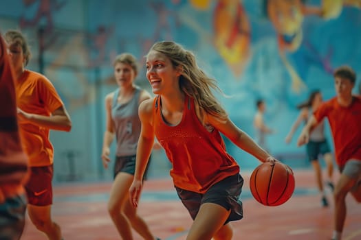 Girl play basketball sport tournament. High quality photo