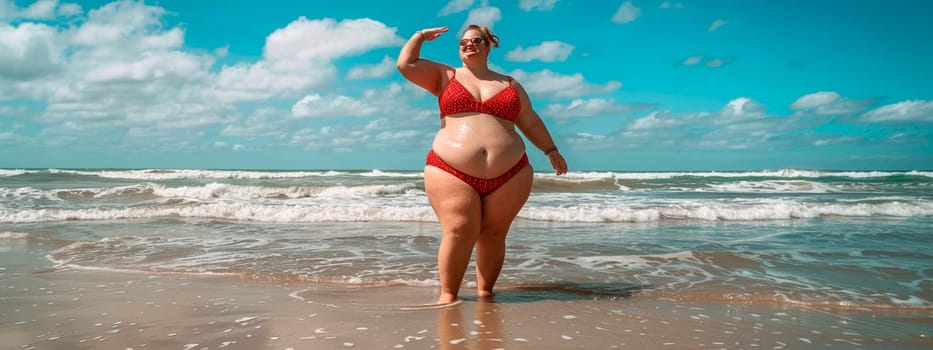 overweight woman on the beach. selective focus. people.