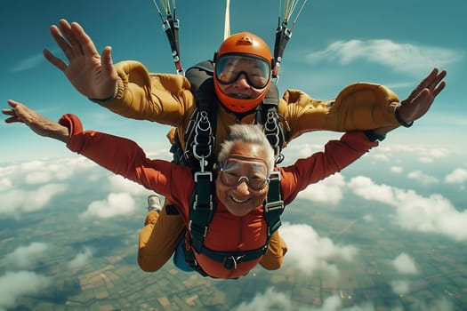 Pretty woman is flying tandem skydive in the sky. High quality photo