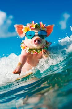 a piglet in glasses swims in the surf. selective focus. animal.