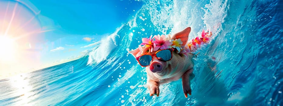 a piglet in glasses swims in the surf. selective focus. animal.