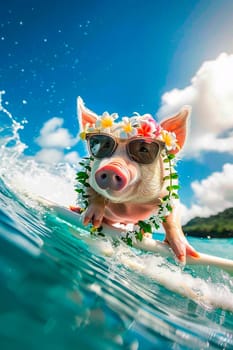 a piglet in glasses swims in the surf. selective focus. animal.