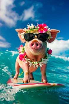 a piglet in glasses swims in the surf. selective focus. animal.