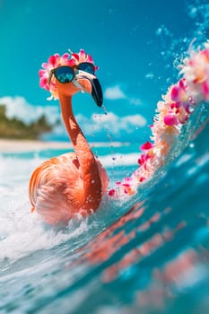 a flamingo with glasses floats on the surf. selective focus. people.