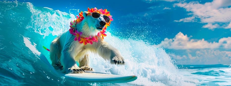 a polar bear with glasses swims on the surf. selective focus. people.