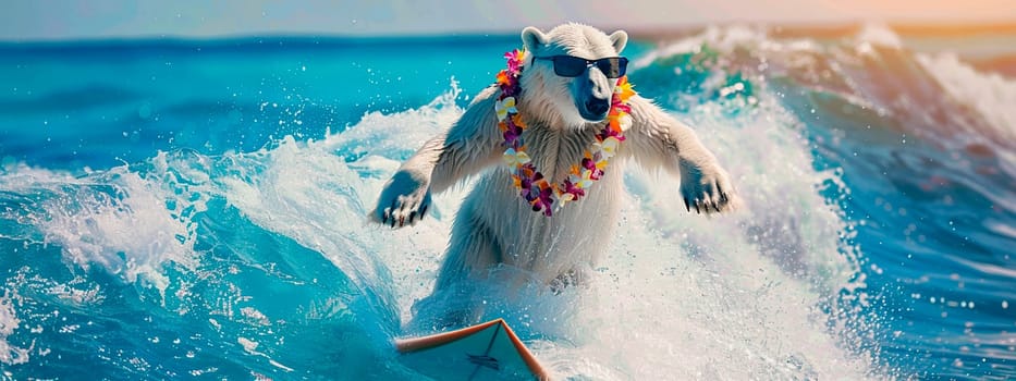 a polar bear with glasses swims on the surf. selective focus. people.