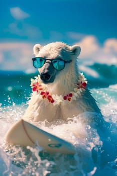 a polar bear with glasses swims on the surf. selective focus. people.