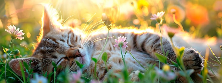 cat on the lawn of flowers. selective focus. animal.