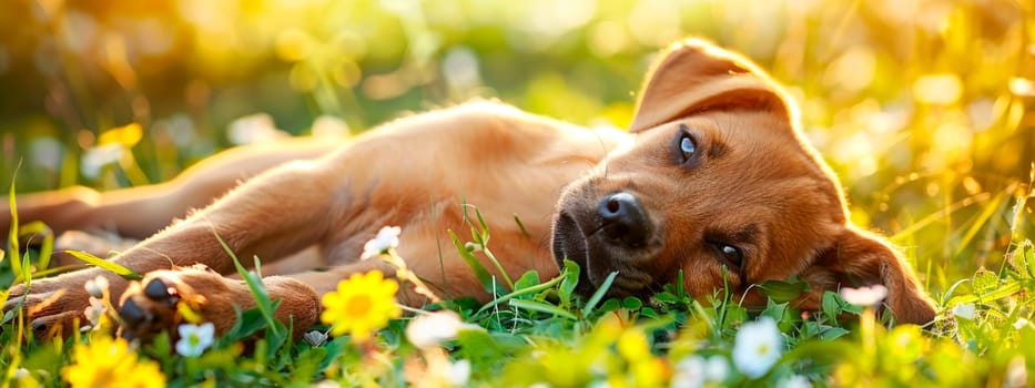 puppy on the lawn of flowers. selective focus. animal.