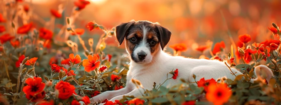 puppy on the lawn of flowers. selective focus. animal.