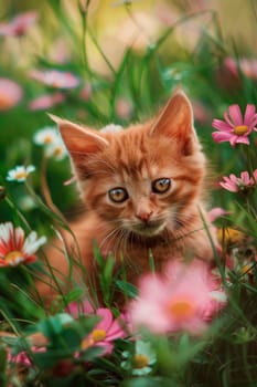 cat on the lawn of flowers. selective focus. animal.