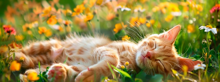 cat on the lawn of flowers. selective focus. animal.