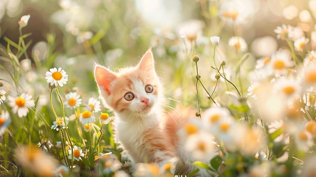 cat on the lawn of flowers. selective focus. animal.