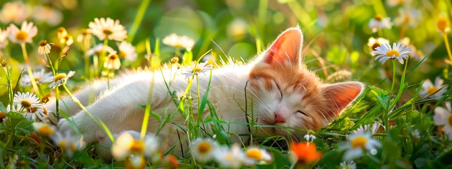 cat on the lawn of flowers. selective focus. animal.