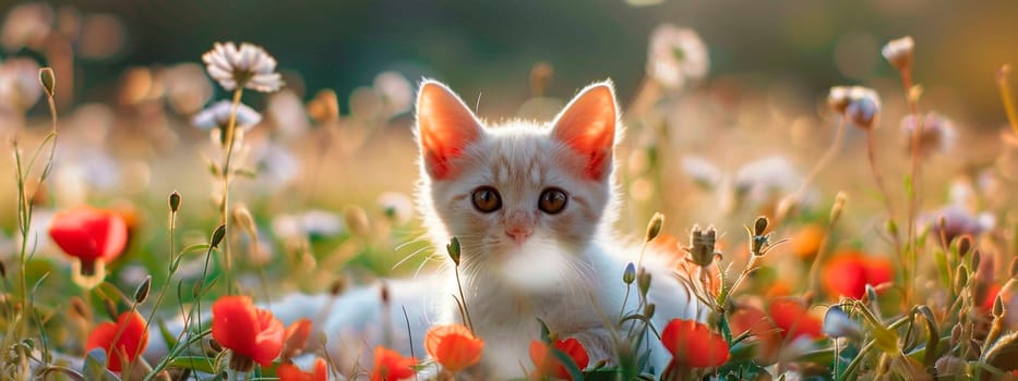 cat on the lawn of flowers. selective focus. animal.