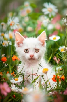 cat on the lawn of flowers. selective focus. animal.