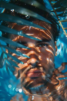 A man is exploring the underwater world with a palm leaf covering his face, creating a mysterious pattern in the fluid blue liquid environment. A beautiful mix of marine biology and art