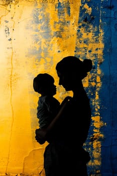 mother with child against the background of the flag of Ukraine. selective focus. people.