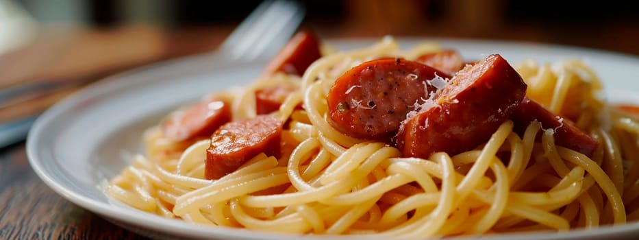 spaghetti with sausages on a plate. selective focus. food.