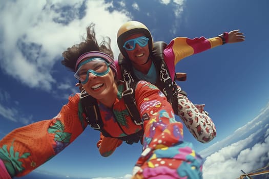 Portrait of two tandem skydivers in action parachuting through the air. High quality photo