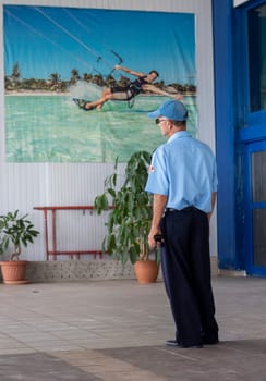 03.03.2024 - Cayo Coco Island, Cuba - Jardines del rey international airport. Senior security guard on duty