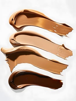 Four different shades of foundation are gently arranged in a stack on a sleek white surface, creating a striking gesture of color and diversity