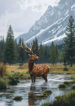 A fawn is grazing by the tranquil lake, surrounded by towering mountains and lush green plants. The sky is clear with fluffy clouds