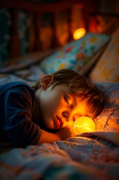 The child sleeps with a lamp. selective focus. people.