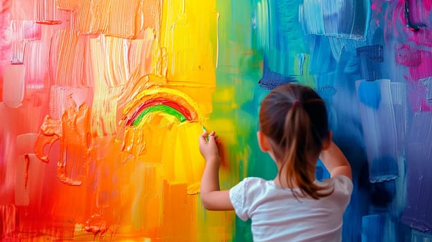 a child draws a rainbow with paints. selective focus. people.