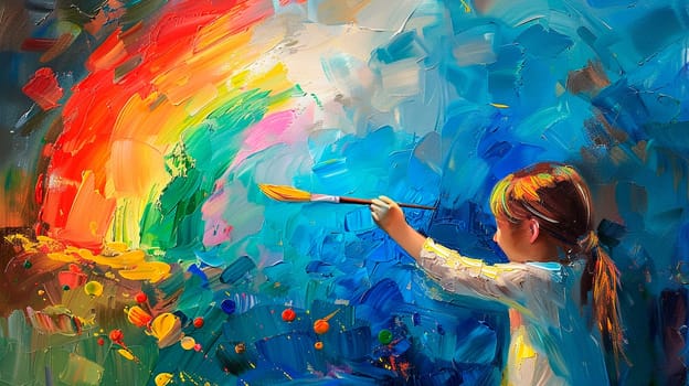 a child draws a rainbow with paints. selective focus. people.