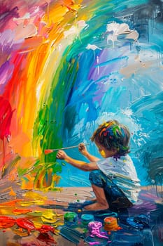 a child draws a rainbow with paints. selective focus. people.